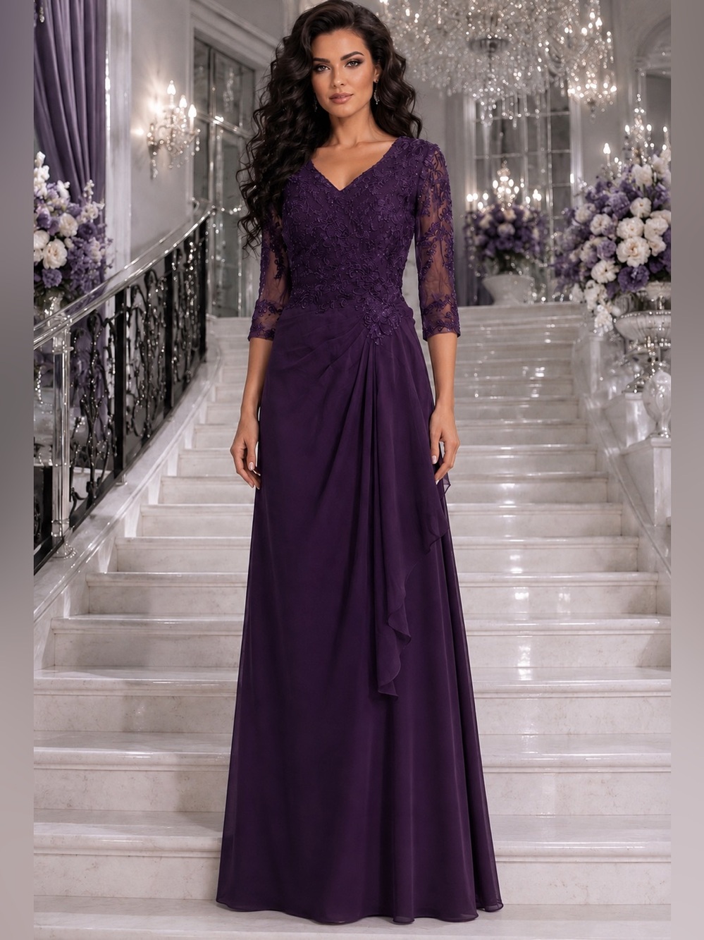 NWT Purple Chiffon Lace Formal Evening Wedding MOB Gown SZ 10 Long Sleeve Dress